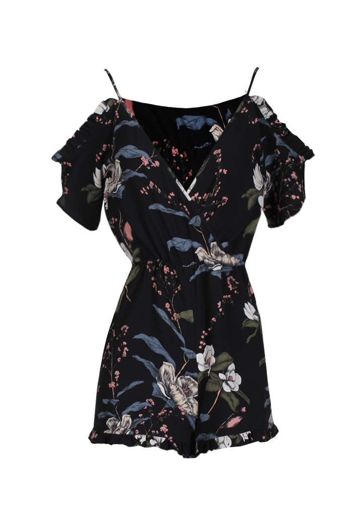 Black Frill Hem Floral Playsuit