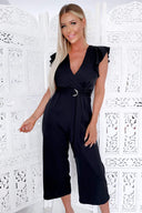 Black Frill Shoulder Wrap Jumpsuit