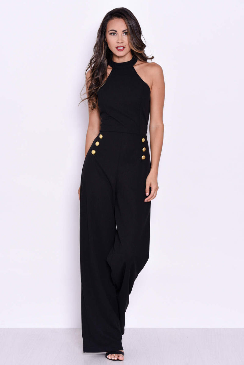 Black Halterneck Jumpsuit With Military Buttons