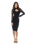 Black High Neck Lace Sleeve Midi Dress