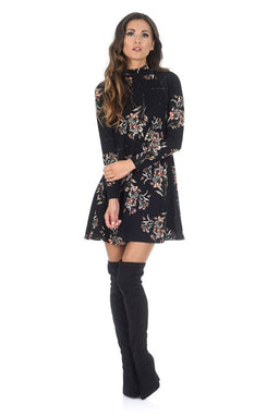 Black High Neck Long Sleeve Floral Dress