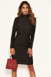 Black High Neck Long Sleeve Ruched Dress