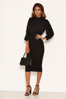 Black High Neck Ruched Midi Dress