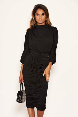 Black High Neck Ruched Midi Dress