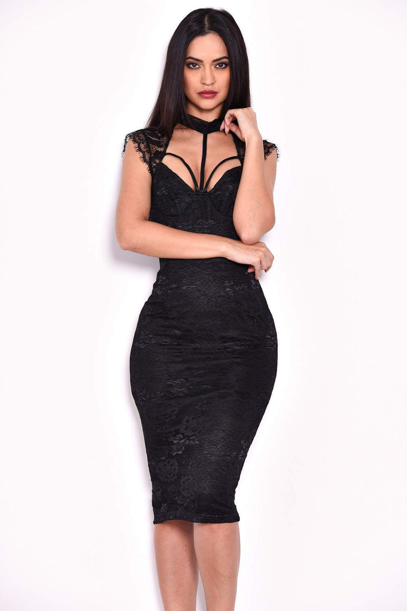 Black Lace Harness Detailing Midi Dress