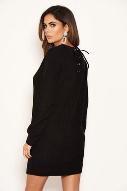 Black Lace Up Back Jumper Dress