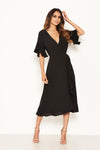 Black Midi Dress With Frill Hem And Sleeves