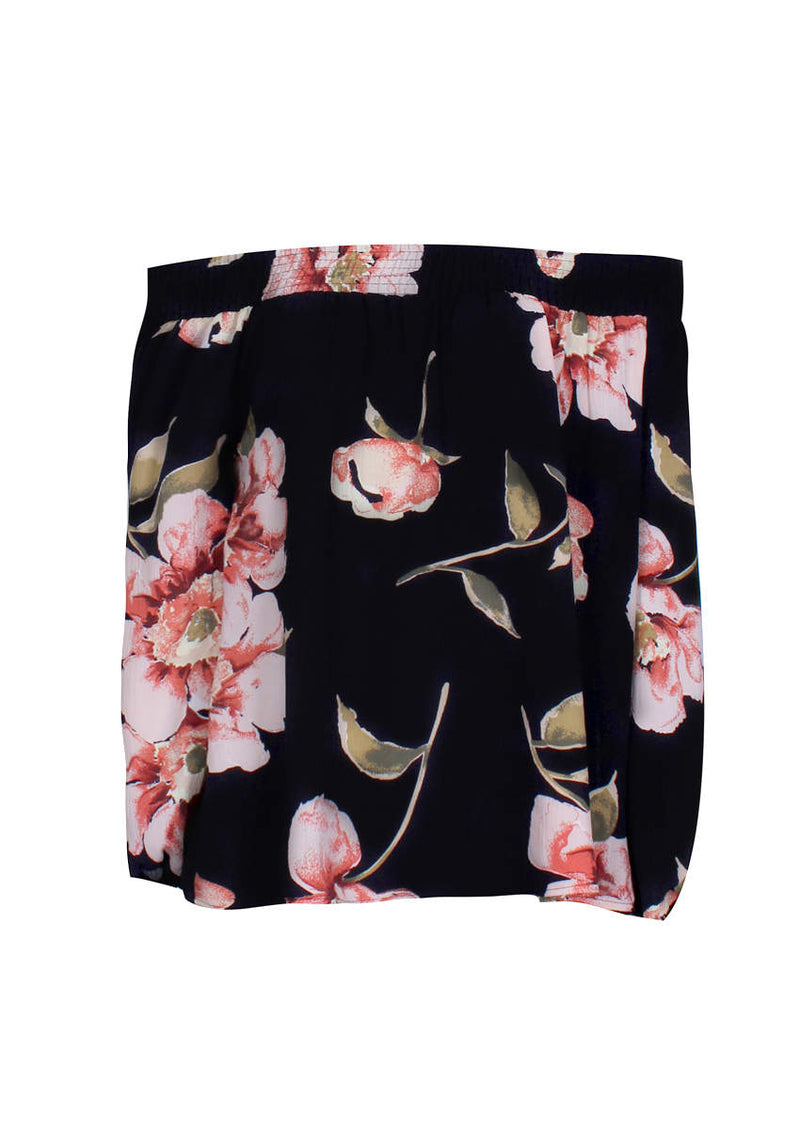 Black Off The Shoulder Floral Top With Elastic Shoulder Detail