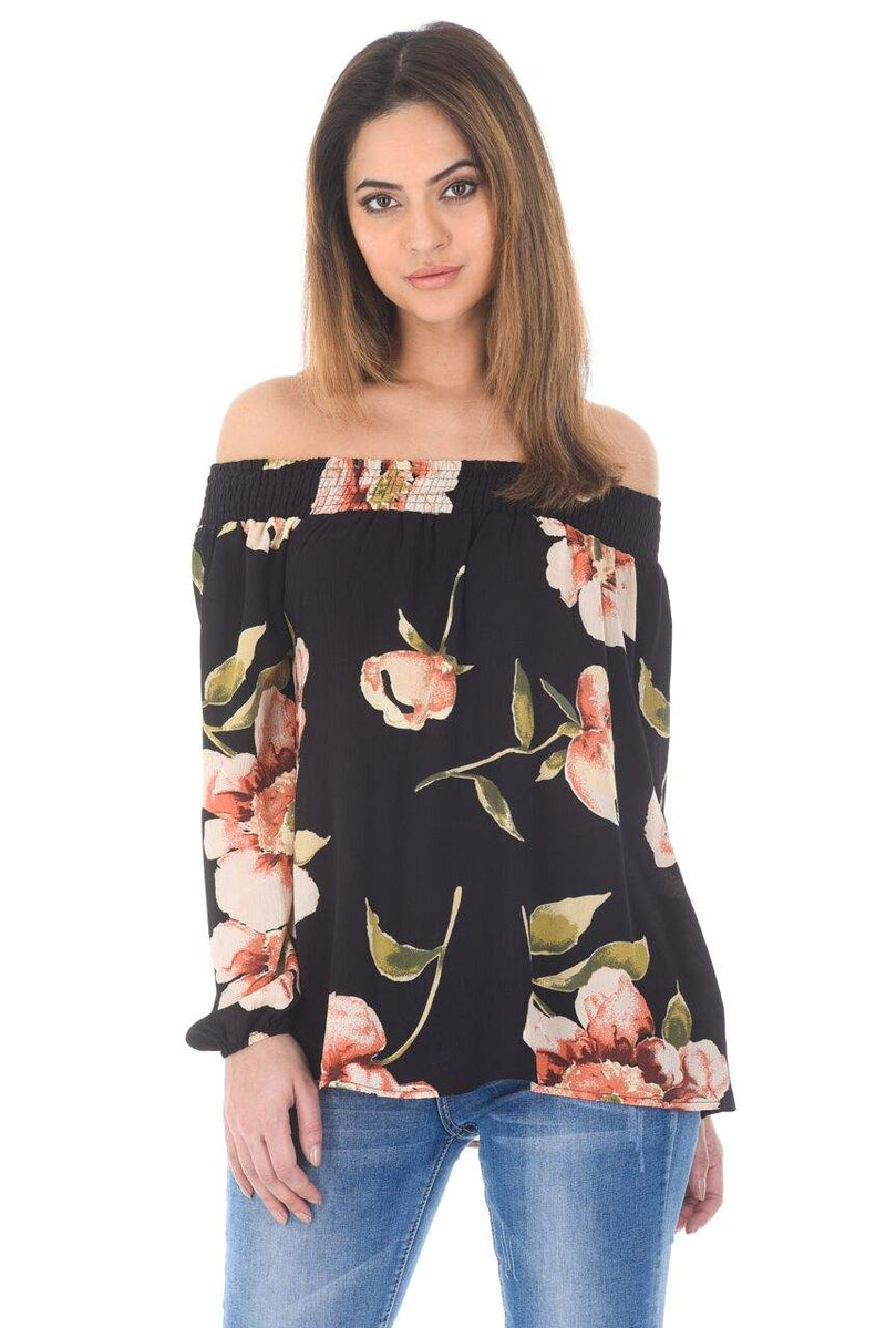 Black Off The Shoulder Floral Top With Elastic Shoulder Detail