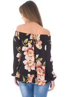 Black Off The Shoulder Floral Top With Elastic Shoulder Detail