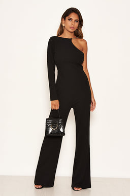 Black One Shoulder Jumpsuit With Chain Detail