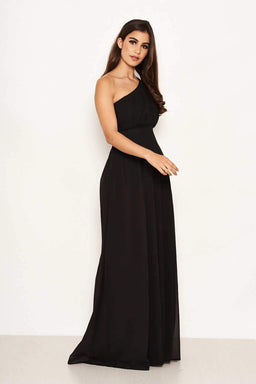 Black One Shoulder Pleated Maxi Dress