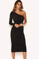 Black One Shoulder Ruched Dress