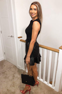 Black PU Frilled Hem Mini Skirt