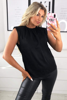 Black Padded Shoulder Sleeveless Blouse