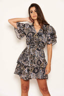 Black Paisley Print Ruffled Chiffon Dress