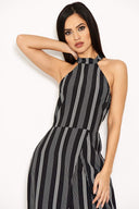 Black Pin Striped Wrap Skirt Cut In Neck Dress