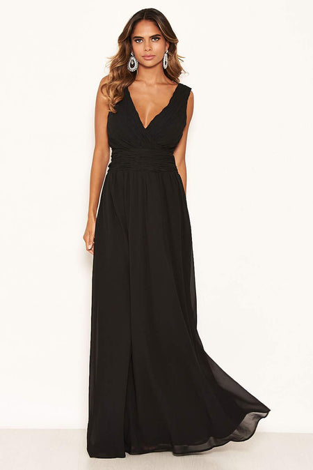 Black Pleated V Neck Maxi Dress