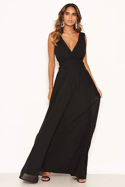 Black Pleated V Neck Maxi Dress