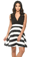 Black Plunge Skater Dress With Striped Print