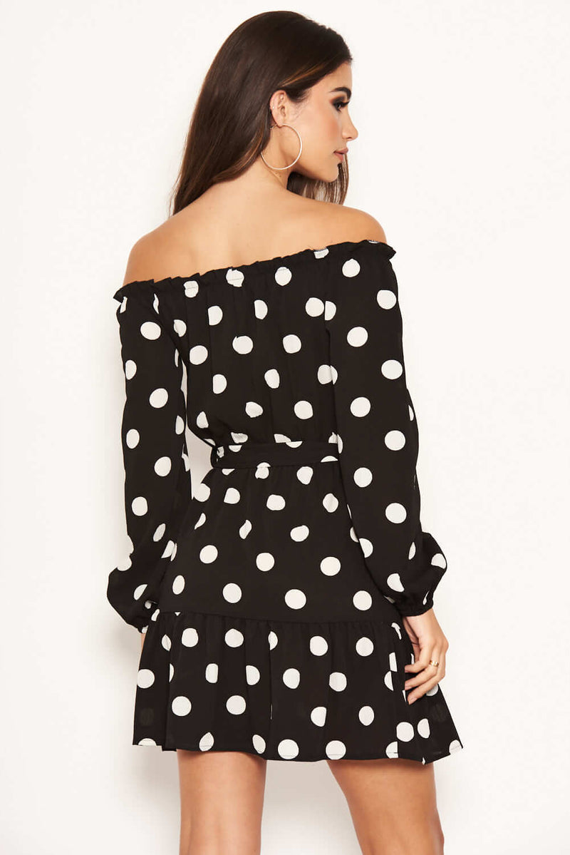 Black Polka Dot Bardot Ruffle Dress