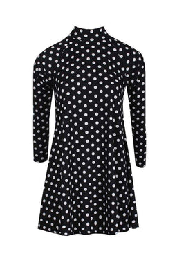 Black Polka Dot High Neck Sleeved Swing Dress