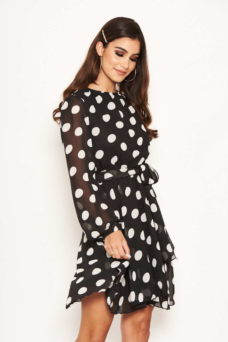 Black Polka Dot Mesh Sleeve Dress