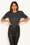 Black Polka Dot Ruched Sleeve Bodysuit