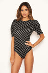 Black Polka Dot Ruched Sleeve Bodysuit