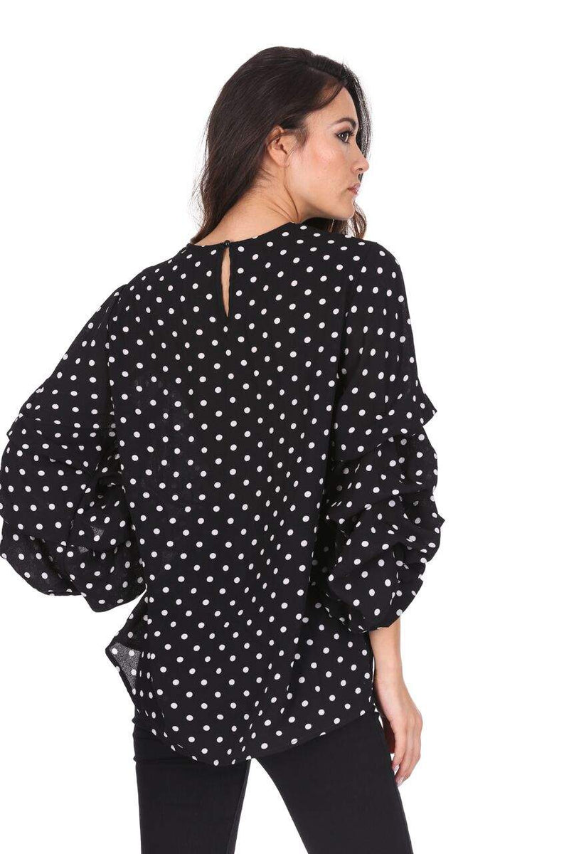 Black Polka Dot Ruffle Sleeve Top