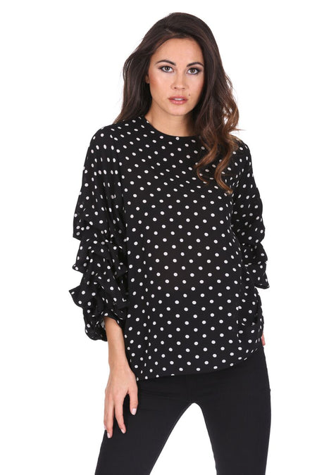 Black Polka Dot Ruffle Sleeve Top