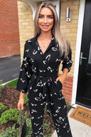 Black Printed Button Up Jumpsuit