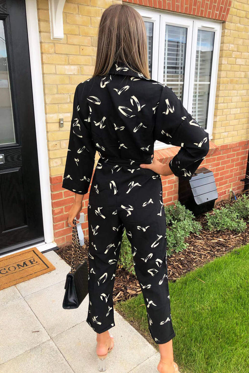 Black Printed Button Up Jumpsuit