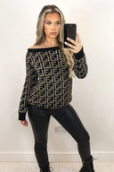 Black Printed Off The Shoulder Knit Jumper