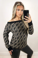 Black Printed Off The Shoulder Knit Jumper