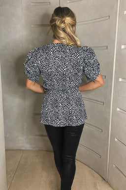 Black Printed Short Ruffle Sleeve Wrap Top