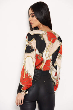 Black Printed Wrap Bodysuit