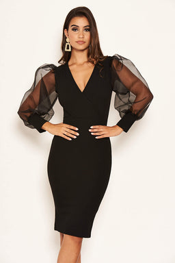 Black Puff Sleeve Midi Dress