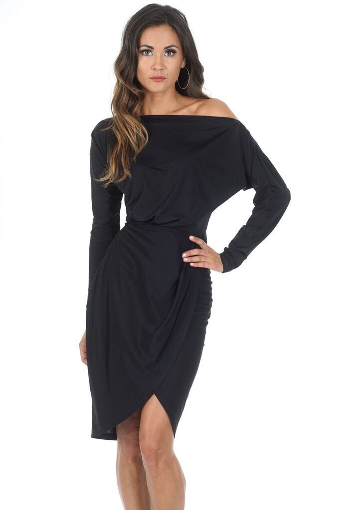 Black Relaxed Shoulder Wrapped Midi Dress