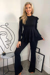 Black Ribbed Frilled Hem Lounge Suit