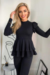 Black Ribbed Frilled Hem Lounge Suit