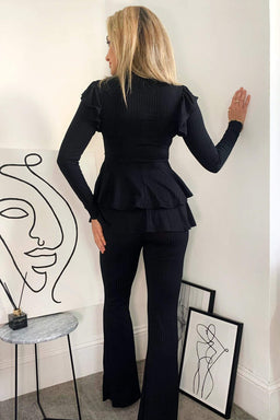 Black Ribbed Frilled Hem Lounge Suit