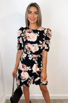 Black Rose Print Ruched Sleeve Wrap Dress