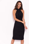 Black Ruched Halterneck Slinky Bodycon Dress