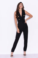 Black Sleeveless Jumpsuit with Military Buttons