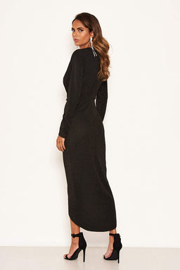 Black Sparkle Ruched Wrap Over Dress
