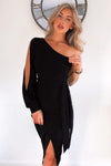 Black Split Sleeve One Shoulder Bodycon Midi Dress