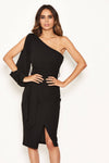 Black Split Sleeve One Shoulder Bodycon Midi Dress