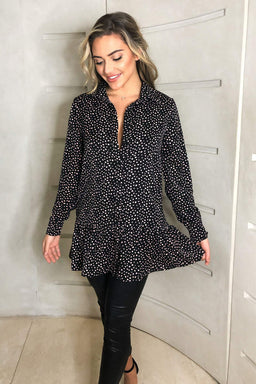 Black Spotty Frill Hem Shirt Dress