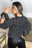 Black Spotty Gathered Split Sleeve Blouse